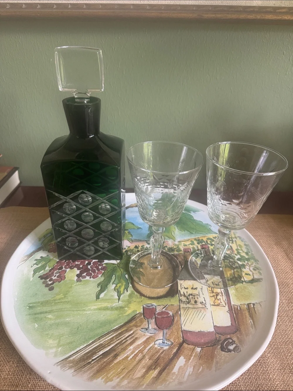 World Market Green Cut Glass Decanter Square Stopper MCM Style Barware”